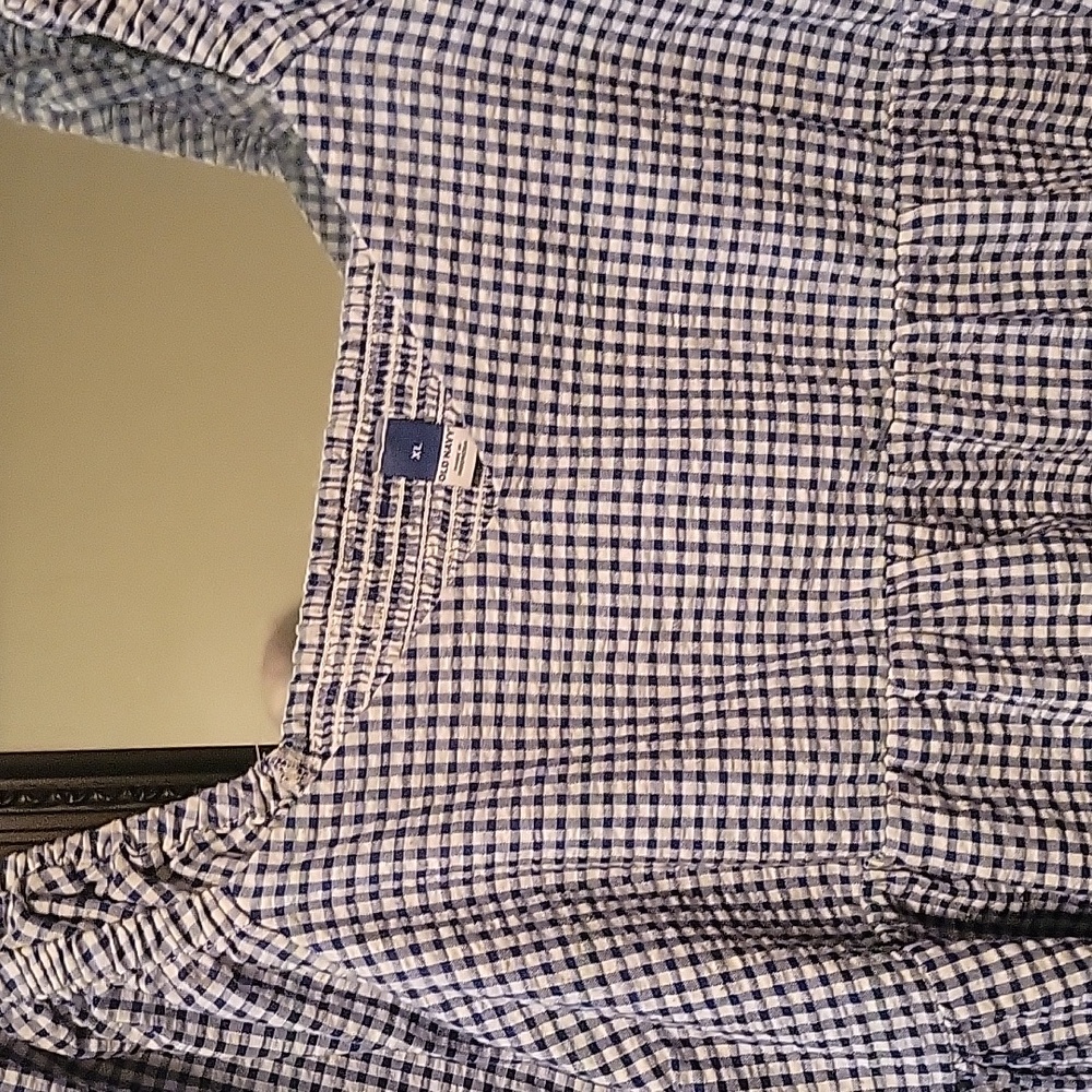 Blue check seersucker dress.